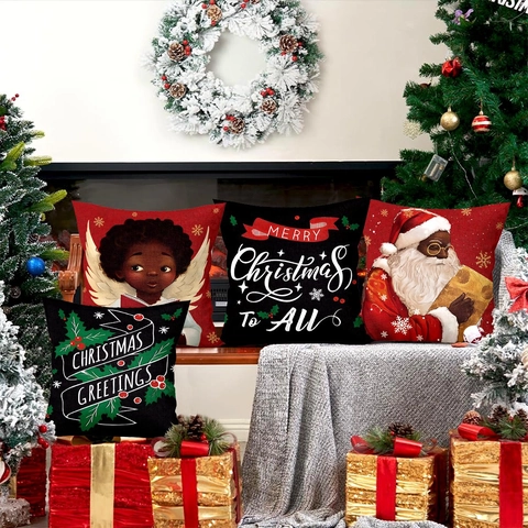 Weihnachts Dekokissenbezüge Schwarzer Weihnachtsmann Engel Cartoon Muster Polyester Leinen Textur Feiertag Haus Deko