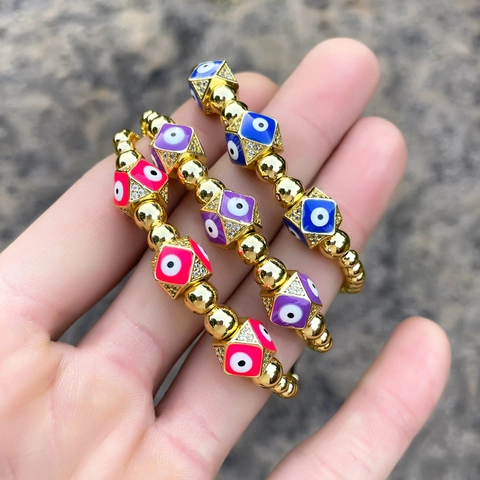 Evil Eye Bracelet Gold Plated Copper Cubic Zirconia Enamel Square Charms Adjustable Beaded Bohemian Lucky Jewelry Women