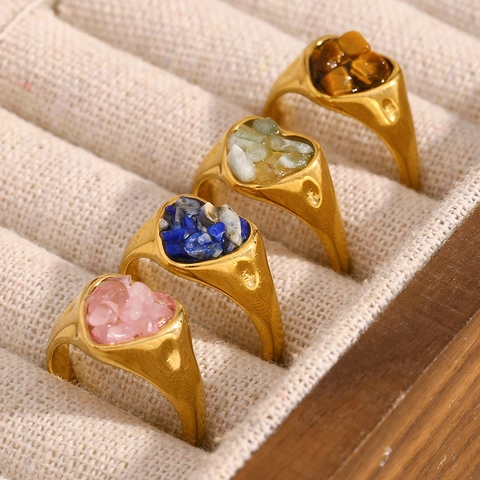 Anello A Forma Di Cuore Acciaio Inossidabile Placcato Oro 18K Intarsio Di Pietre Naturali Gioielli Vintage Boho Per Donne