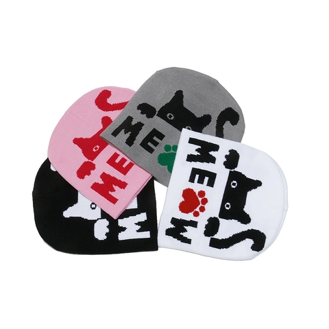Cute Women Cat Jacquard Knit Beanie Hat Acrylic Warm Winter Meow Letter Pattern Soft Windproof Headwear For Girls
