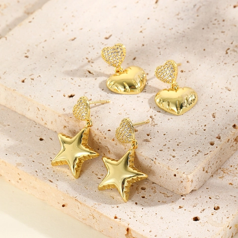 Boucles Oreilles Pendantes Cœur Étoile Cuivre Plaqué Or 18K Zirconium Pavé Inlaid Élégant Cadeau Bijoux Pour Femmes