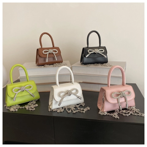 Women Mini Handbag PU Leather Rhinestone Bow Decorative Silver Chain Crossbody Shoulder Bag Elegant Urban Small Square
