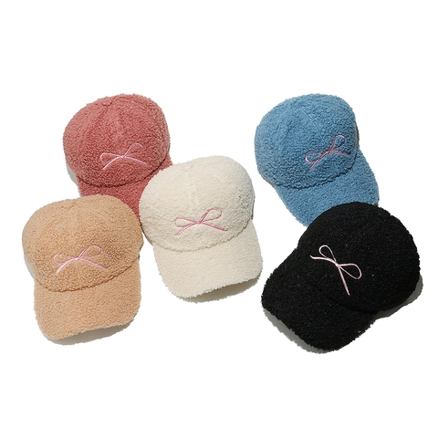 Women Lamb Wool Baseball Cap Winter Warm Teddy Velvet Hat With Bow Embroidery Fashion Adjustable Tongue Cap
