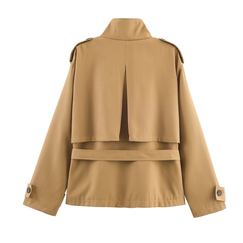 Women Short Trench Coat Khaki Polyester Jacket With Epaulettes Flap Pockets And Tie Waist Belt Casual Outerwear