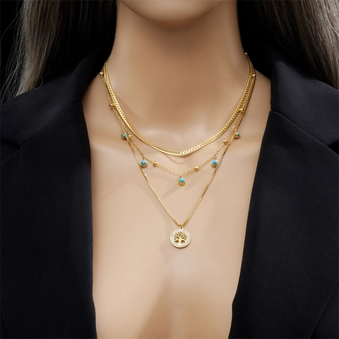 Collana a Strati Albero della Vita Acciaio al Titanio Placcato Oro Turchese Artificiale Strass Pendente Gioielli Donna