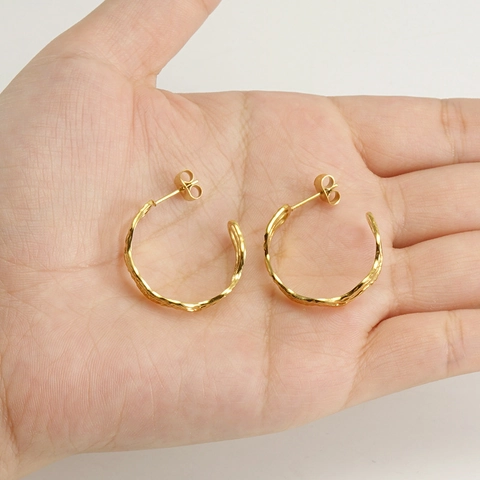 C-Shaped Stud Earrings 18K Gold Plated Stainless Steel Wavy Texture Irregular Minimalist Jewelry For Women