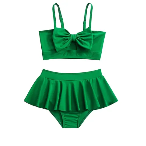 Girls Swimsuit Nylon Adjustable Straps Large Bow Decor Ruffled Skirted Bottom Solid Color Beach Pool Quick Dry Swimwear