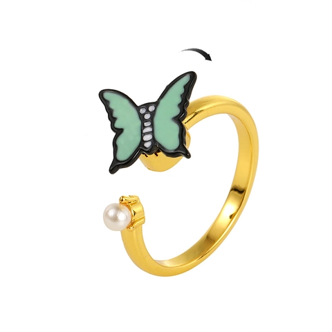 Rotating Open Ring Women Copper Enamel Daisy Butterfly Smiley Face Imitation Artificial Pearl Adjustable Stress Relief Fidget Jewelry