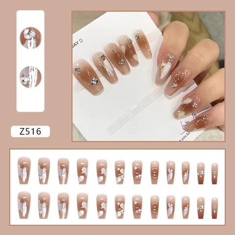 Faux Ongles Cannelle Dégradé Cœur Strass Cercueil Longs Ongles Artificiels Pour Automne Hiver