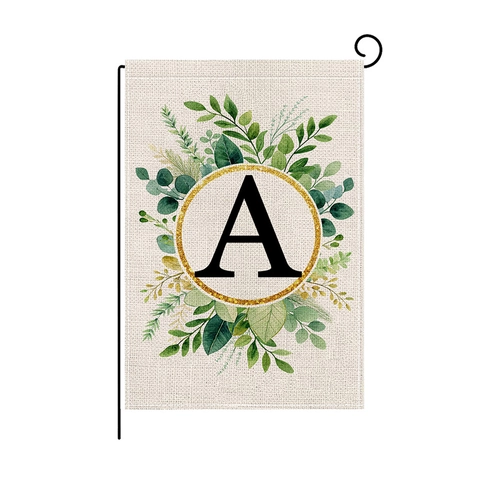 Garden Flag Decorative Double Sided Polyester Burlap Texture Eucalyptus Leaf Gold Ring Initial Letter Outdoor Yard Decor