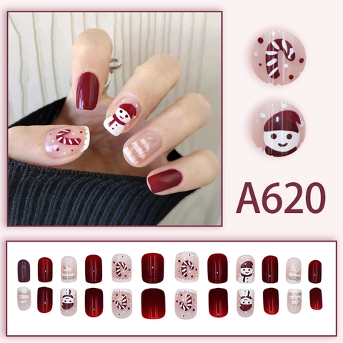 Christmas Press On Nails Short Square Fake Nails Red White Snowman Christmas Tree Detachable Holiday Manicure For Women