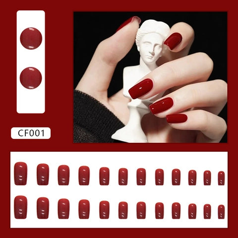 Wine Red Glossy Press On Nails European Square Medium Length Solid Color Artificial False Fingernails For Women