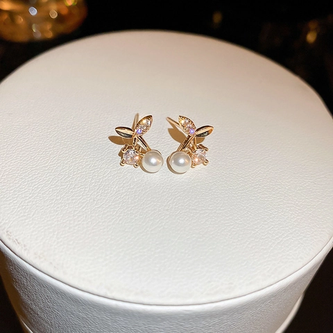 Boucles D'Oreilles Cerise En Cuivre Doré Avec Zircon Et Künstliche Perle D'Imitation Et Tige En Argent Sterling 925
