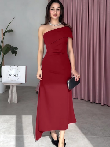 One Shoulder Evening Maxi Dress Ruched Slim Fit Side Slit Sleeveless Polyester Spandex Banquet Formal Party Women