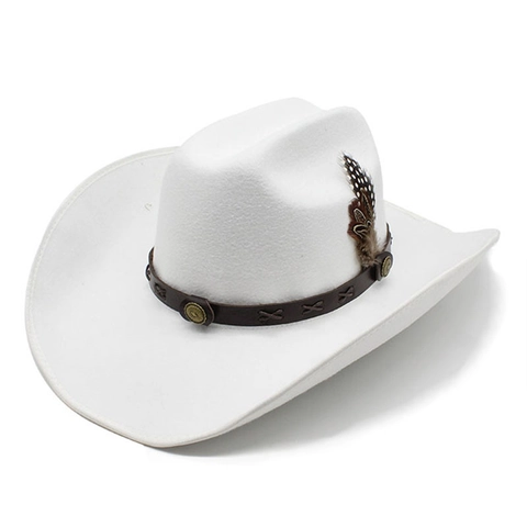 Western Cowboy Hat Wool Felt Wide Brim With Feather Leather Band Metal Rivets Unisex Retro Style