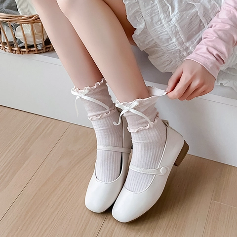 Women Mid Calf Socks Cotton Blend Ribbed Knit Bow Ribbon Ruffle Edge Sweet Lolita Japanese Style Crew Socks