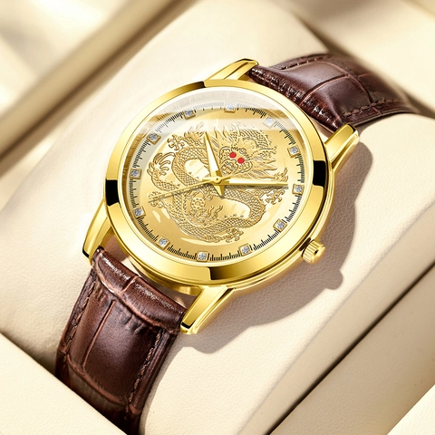 Men's Gold Chinese Dragon Relief Quartz Watch With Brown Faux Leather Strap 3D Dragon Dial Business Luxury Wristwatch