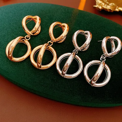 Geometric Double Interlocking Circular Hollow Drop Earrings With Silver Earring Post For Women High End Fashion Jewelry