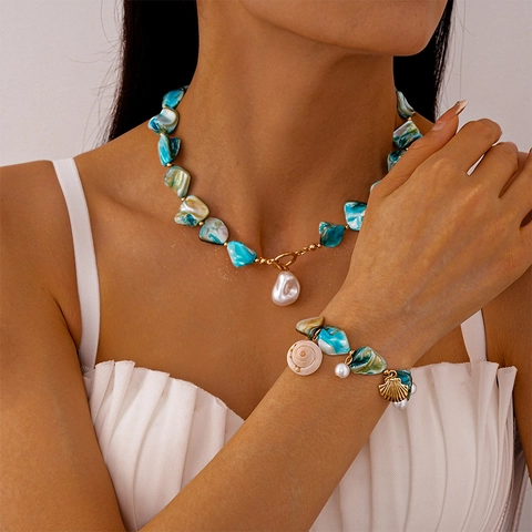 Collar Y Pulsera De Concha De Estrella De Mar Del Océano Aleación Perla Artificial De Imitación Joyería Bohemia De Playa Para Mujer