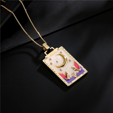 Collana Con Ciondolo Carta Tarocchi Vintage Placcata Oro 18K Rame Smalto Rettangolo Sole Luna Stella Gioielli Da Donna