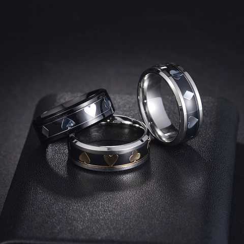 Poker Suit Band Ring Stainless Steel Men Punk Spades Hearts Diamonds Clubs Fashion Jewelry