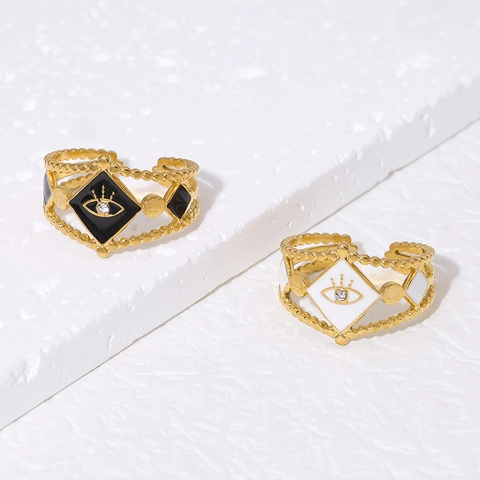 Evil Eye Ring Edelstahl 18K Vergoldet Emaille Verstellbar Offen Strass Französischer Modeschmuck Für Damen