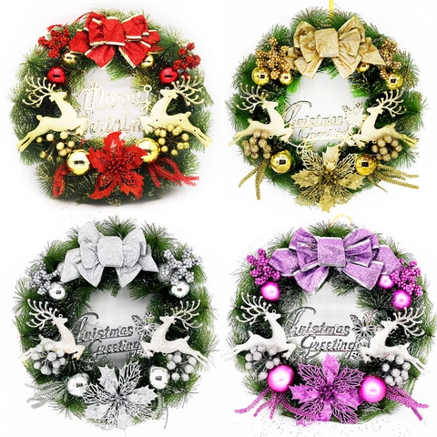 Christmas Wreath Artificial Pine Needle With Festive Sign Reindeer Bells For Front Door Wall Hanging Holiday Decor