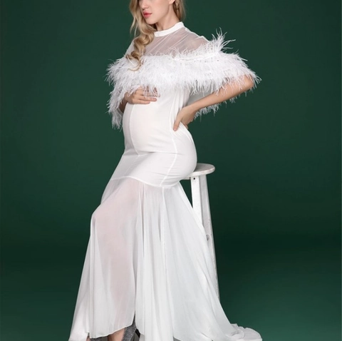 Maternity Photography Dress Faux Feather Mesh Mermaid Long Gown Pregnancy Photo Shoot Baby Shower Costume For Women