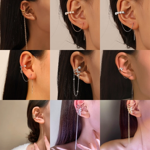 Orecchini A Clip Con Frangia Lunga Rame Lega Strass Perla Artificial Minimalista Gioielli Senza Buco Per Donna