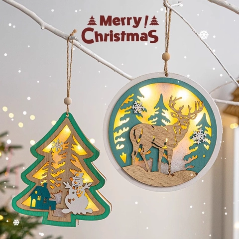 Frohe Weihnachten Hängende Dekoration Holzschild LED Beleuchtung Tür Wand Deko Schneemann Elch Gnom Kiefernzapfen Beeren