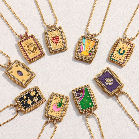 Collana Pendente Rettangolare Acciaio Inossidabile Placcato Oro 18K Stile Tarot Vintage Smalto Colorato Zircone Gioielli Per Donna