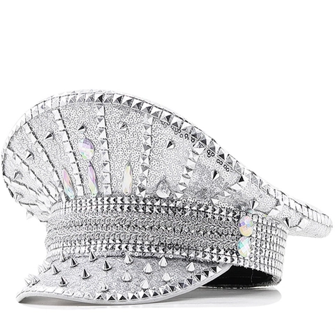 Sombrero De Capitán De Lentejuelas Plateadas Con Remaches Metálicos Y Pedrería Para Escenario Club Disco Punk Gorra Militar