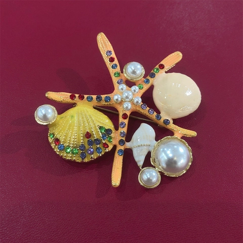 Broche De Estrella De Mar Y Concha Aleación Esmalte Rhinestone Perla Artificial Sintética Retro Marino Biológico Estilo Náutico
