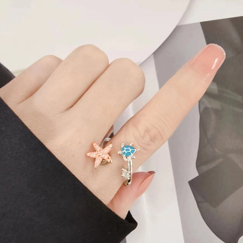 Fashion Sea Turtle Starfish Open Ring For Women Copper Rhinestone Enamel Blue Adjustable Anxiety Spinner Ring Jewelry Gift