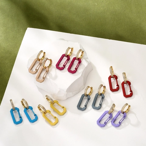 Copper Zirconia Pave Carabiner Hoop Drop Earrings Geometric Rectangular Safety Pin D-Shape Painted Fashion Jewelry For Women