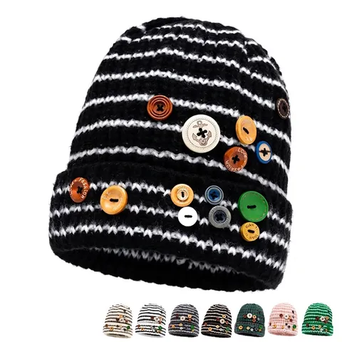 Bonnet Beanie À Rayures Tricoté En Acrylique Épais Chaud Hiver Extérieur Boutons Décoratifs Colorés Femmes