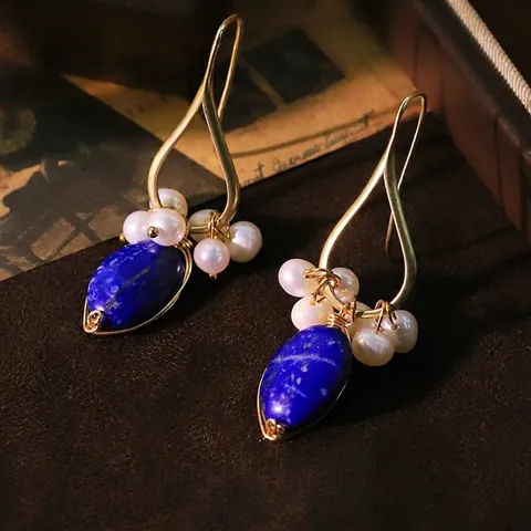 Natural Artificial Pearl Lapis Lazuli Earrings Vintage Handmade 18K Gold Plated Copper For Women