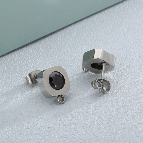 Stainless Steel Square Post Earrings Findings With Black Crystal And Loop For DIY Jewelry Making Geometric Jewelry