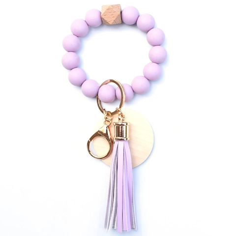 Silicone Bead Bracelet Keychain With Leather Tassel And Round Wood Tag Wristlet Key Ring For Women Daily Fashion Jewelry
