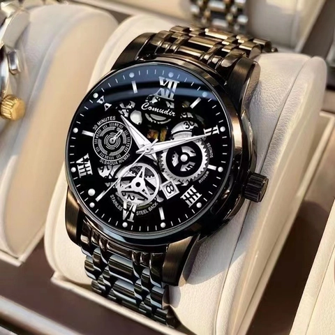 Men Business Luxury Quartz Watch Luminous Waterproof Alloy Strap Roman Numerals Dial Fashion Casual Skeleton Wristwatch Gift