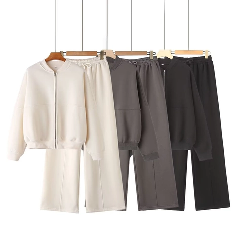 Giacca Felpa Con Cerniera Donna E Pantaloni Gamba Larga Casual Minimalista Foderato In Pile Maglia Tuta Sportiva