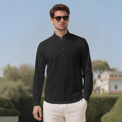 Chemise Casual Homme Mélange Lin Manches Longues Col Officier Couleur Unie Top Henley Léger Respirant Vacances