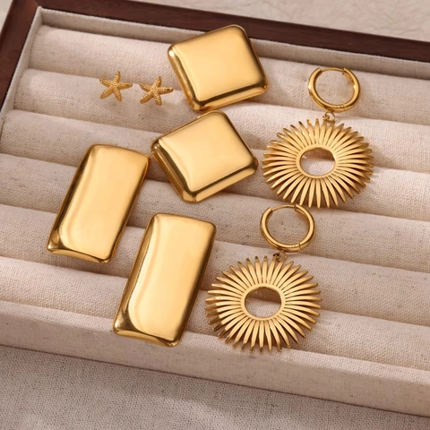 Exaggerated Stainless Steel Gold Earrings For Women Personalized Hollow Sun Flower Rhombus Rectangular Geometric Hoop Earrings