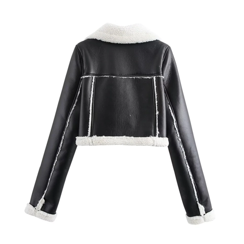 Women Faux Leather Moto Jacket Cropped Faux Fur Lined Shearling Trim Lapel Zipper Outerwear Black
