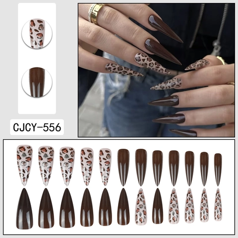 Uñas Postizas Largas Stiletto Con Estampado De Leopardo Marrón Chocolate Purpurina Plateada Uñas Postizas Desmontables Para Mujeres