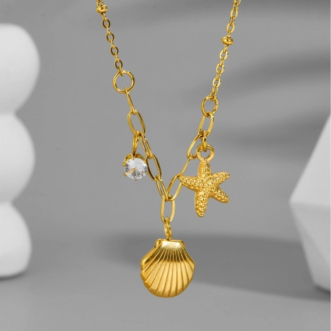 Collar Con Colgante De Estrella De Mar Y Concha Acero Inoxidable Chapado En Oro 18K Circonita Joyería Para Mujer