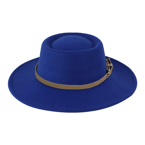 Elegant Wide Brim Fedora Hat Polyester Felt Indented Top With Leather Belt Buckle Vintage British Style Women Men