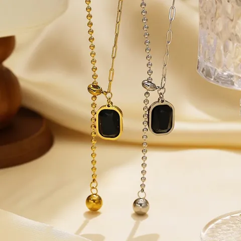 Asymmetric Pendant Necklace Stainless Steel With Black Rectangular Gemstone Adjustable Drawstring Y Shape Women Jewelry