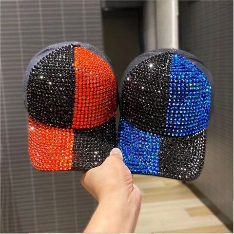 Berretto da Baseball di Lusso con Strass per Donna Colore Spliced Cristallo Scintillante Protezione Solare Cotone Regolabile Cappello di Moda