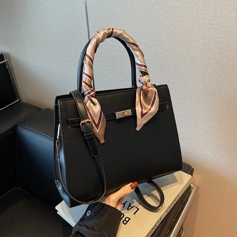 Women PU Leather Handbag With Satin Scarf Decorative Handle Metal Lock Sophisticated Shoulder Crossbody Bag For Commuter Wedding